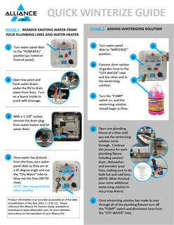 The attached file provides step-by-step instructions for draining your water lines and winterizing your Alliance RV.